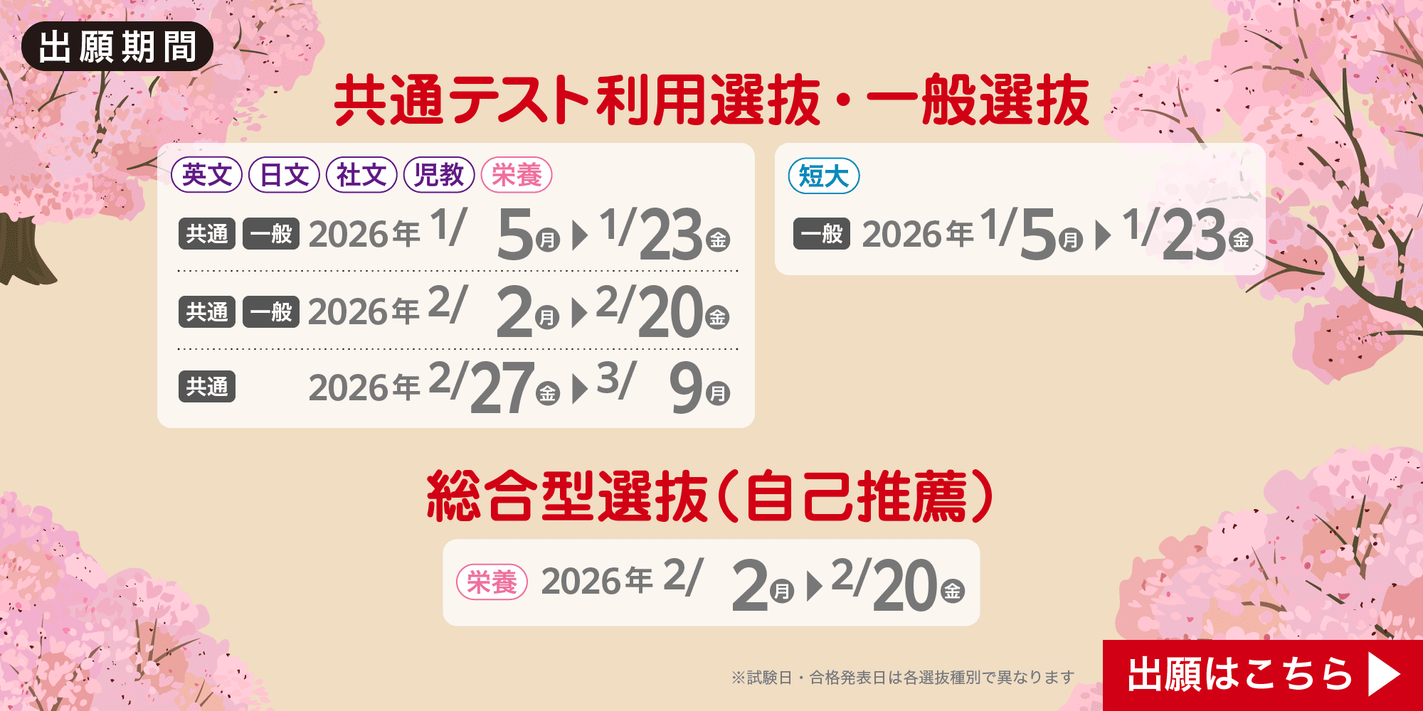 出願期間 共通テスト利用選抜・一般選抜 英文 日文 社文 児教 栄養 共通、一般：2026年 1月5日（月）〜1月23日（金）、共通、一般：2026年 2月2日（月）〜2月20日（金）、共通：2026年 2月27日（金）〜3月9日（月）、短大 一般：2026年 1月5日（月）〜1月23日（金）、総合型選抜（自己推薦） 栄養：2026年 2月2日（月）〜2月20日（金） ※試験日・合格発表日は各選抜種別で異なります 出願はこちら